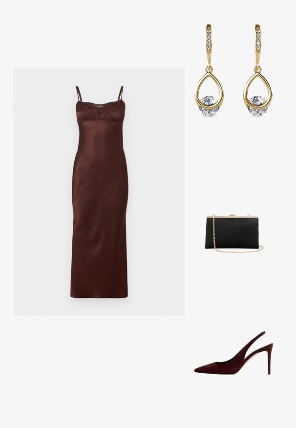 Satin-midi-jurk in donkerbruin met dunne verstelbare bandjes, aansluitend lijfje, gepofte details bij de buste en een gladde textuur.; Donkerrode suède slingback pump met spitse neus en stilettohak, zijaanzicht op een witte achtergrond.; Zwart gestructureerde clutchtas met gouden metalen frame en aangehechte gouden kettingriem op witte achtergrond.; Gouden druppeloorbellen met ronde, heldere edelstenen aan de basis. Gelaagd bovenstuk met kleine, ronde accenten langs de ring.