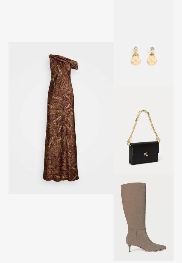 Μακρύ, off-shoulder φόρεμα σε σκούρο καφέ χρώμα με χρυσό και μπορντό σχέδιο paisley, που διαθέτει έξω από τον ώμο λαιμόκοψη και σχέδιο που φτάνει μέχρι το έδαφος.; Γκρίζα σουέτ μπότες μέχρι το γόνατο με μυτερή μύτη και χαμηλό τακούνι, προσφέροντας καθαρή γραμμή και διακριτική κάθετη ραφή.; Χρυσές στυλοειδείς σκουλαρίκια με κυκλικό μενταγιόν που φέρει χάραξη "RL", κρεμασμένα από μια μικρή θηλιά και ασφαλισμένα με διαφανείς ελαστικούς πίσω.; Μικρή μαύρη δερμάτινη τσάντα με καπάκι, χρυσό λογότυπο RL μπροστά και κοντή αποσπώμενη χρυσή αλυσίδα.