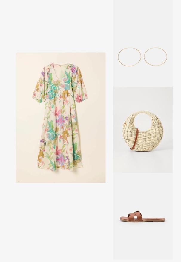 Robe midi blanche à col en V, manches trois-quarts bouffantes et imprimé floral tropical multicolore.; Sandales plates marron en cuir lisse avec un design à brides croisées, dotées d'une semelle plate et d'un style minimaliste.; Sac à main tressé rond en paille naturelle avec une finition texturée. Dispose d'une bandoulière en cuir marron lisse et d'une poignée circulaire.; Boucles d'oreilles en or en forme de créoles lisses et arrondies. Chaque créole est fine et légère, sans embellissements ni motifs.