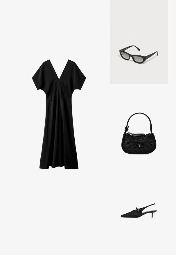 Vestido maxi negro de manga corta con escote en V profundo y cintura fruncida, mostrado sobre un fondo blanco.; Tacones negros tipo slingback con puntera puntiaguda, parte superior de malla texturizada, correa delgada ajustable con hebilla plateada y tacones de aguja de 5 cm.; Gafas de sol negras con un marco rectangular y elegante. Equipadas con lentes de degradado oscuro y la marca "vogue" en dorado en las patillas.; Bolso pequeño de cuero negro texturizado con asa superior, cierre de cremallera y un pequeño logo plateado en el bolsillo delantero.