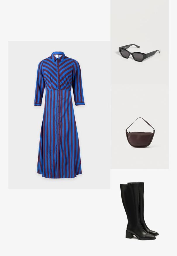 Robe longue boutonnée à rayures bleu et bordeaux foncé avec col et manches trois-quarts sur fond blanc.; Bottes en cuir noires montant jusqu'aux genoux, avec un bout pointu et un large talon bloc. Texture lisse, couture minimaliste, et détail de fermeture éclair simple.; Lunettes de soleil noires à monture angulaire avec verres foncés et petit logo crocodile argenté sur la branche, posées sur une surface blanche.; Sac en cuir marron de forme arrondie, avec une surface texturée, une fermeture éclair et une fine bandoulière. Marque minimaliste affichée à l'avant.