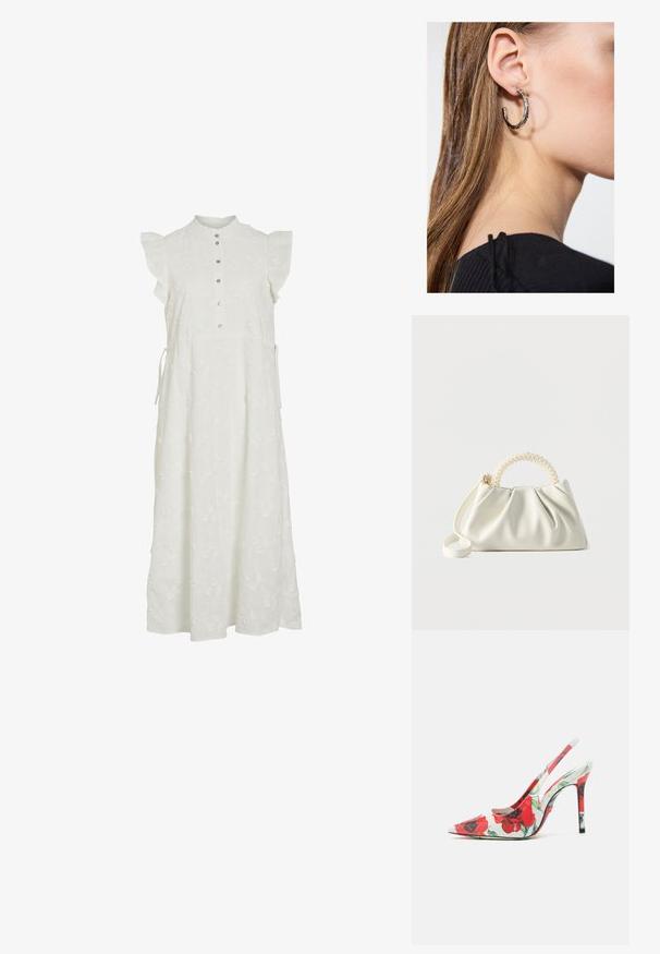 Robe midi blanche sans manches avec épaules volantées, boutons sur le devant, broderie florale discrète et détails noués sur les côtés.; Chaussure à talon haut avec un bout pointu, surface blanche ornée d'un motif floral rouge et un talon élancé. Fini texturé.; Petit sac à main blanc avec un corps froncé, une poignée ronde ornée de perles et une bandoulière amovible sur un fond uni.; Boucle d'oreille en argent avec une finition polie, présentant de petits détails en or et de forme ronde, portée sur le lobe.
