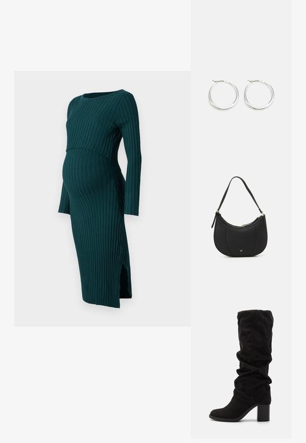 Anna Field MAMA by Zalando LONG SLEEVES DRESS - Robe pull - dark green; Anna Field by Zalando Bottes - black; Sac à main en cuir noir avec une forme courbée, surface texturée, coutures avant et un logo doré. Il est doté d'une seule sangle ajustable.; Les boucles d'oreilles en argent en forme de créole présentent un design lisse et arrondi avec un profil fin et un fermoir sécurisé. Style minimaliste avec une finition polie.