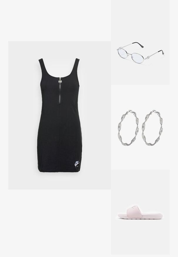 Nike Sportswear AIR DRESS - Robe en jersey - black; Sandale en slide rose avec une semelle en caoutchouc flexible, une lanière rembourrée et un design minimaliste. Présente un logo sur la lanière et une texture lisse.; Lunettes ovales en métal argenté avec verres transparents, présentant des accentuations décoratives sur les côtés et des embouts noirs sur les branches pour plus d'adhérence et de confort.; Boucles d'oreilles en argent en forme de créoles avec un design torsadé, présentant une surface texturée et un fermoir sécurisé. Légères et réfléchissantes avec une finition élégante.