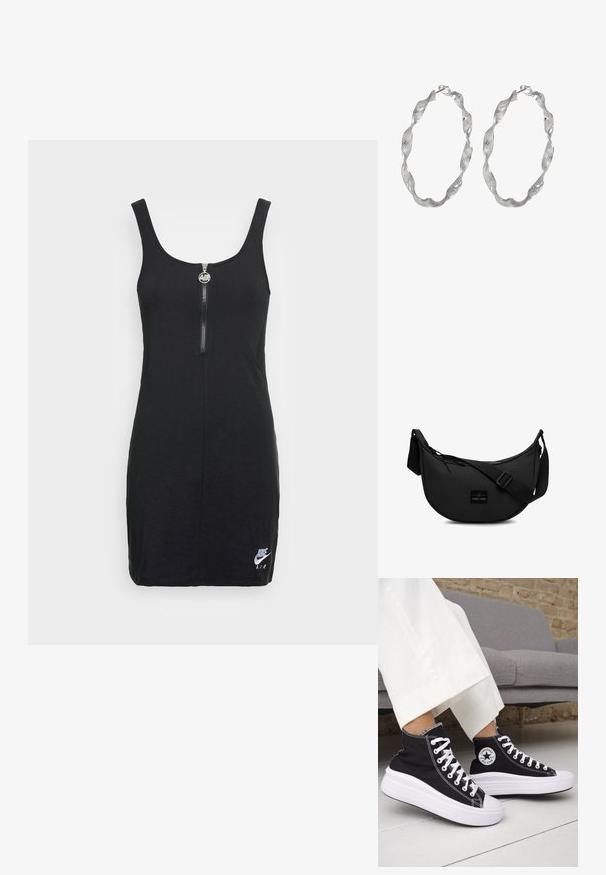 Nike Sportswear AIR DRESS - Jerseyjurk - black; Zwarte hoge sneakers met witte rubberen zolen en veters. Voorzien van een ronde logo patch en contrasterende witte stiksels. Gemaakt van canvas.; Zwarte schoudertas van duurzaam materiaal, met een ronde vorm, een verstelbare schouderriem en een logo-opdruk aan de voorkant.; Zilveren ringoorbellen met een gedraaide ontwerp, met een gestructureerd oppervlak en een veilige sluiting. Lichtgewicht en reflecterend met een vloeiende afwerking.