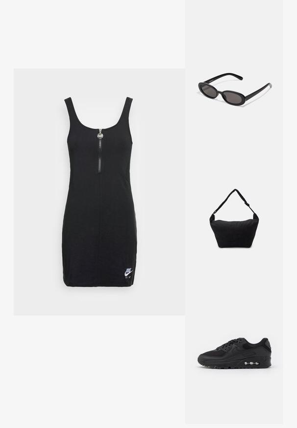 Nike Sportswear AIR DRESS - Robe en jersey - black; Baskets de sport noires avec une tige en cuir lisse et en mesh, bout rond, accents texturés, et une unité d'air visible dans la semelle.; Even&Odd by Zalando Lunettes de soleil - black; Sac à épaule en tissu noir avec une surface texturée douce, de forme arrondie et une seule sangle. Design minimaliste sans accessoires ni quincaillerie visibles.