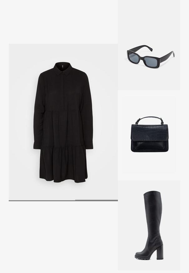 Vero Moda VMINGE KNEE DRESS - Blusenkleid - black; Schwarze kniehohe Stiefel aus glattem Leder, mit einem stabilen Absatz, abgerundeter Zehenpartie, strukturiertem Sohlenmaterial mit Grip, elegantes Design ohne Verzierungen.; Schwarze rechteckige Sonnenbrille mit dunkel getönten Gläsern, dickem Kunstrahmen und breiten Bügeln. Glatte Oberfläche und kantiges Design.; Schwarze Handtasche mit Krokodillederstruktur, rechteckige Form, obere Klappe und ein einzelner kurzer Griff.
