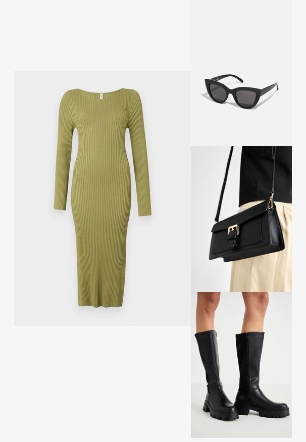 Robe en maille côtelée couleur vert olive, avec un décolleté rond et des manches longues. Silhouette ajustée s'étendant jusqu'à mi-mollet.; Cuissardes noires en simili cuir lisse avec une semelle épaisse, fermeture éclair sur le côté et bout arrondi.; Lunettes de soleil noires en forme d'œil de chat avec une finition mate, dotées de verres teintés gris, d'angles aigus et de branches élégantes. Nom de la marque visible sur la branche intérieure.; Sac à main en simili cuir noir avec une fermeture à boucle en ton doré, au design plat et avec une bandoulière ajustable, présenté sur un fond clair.
