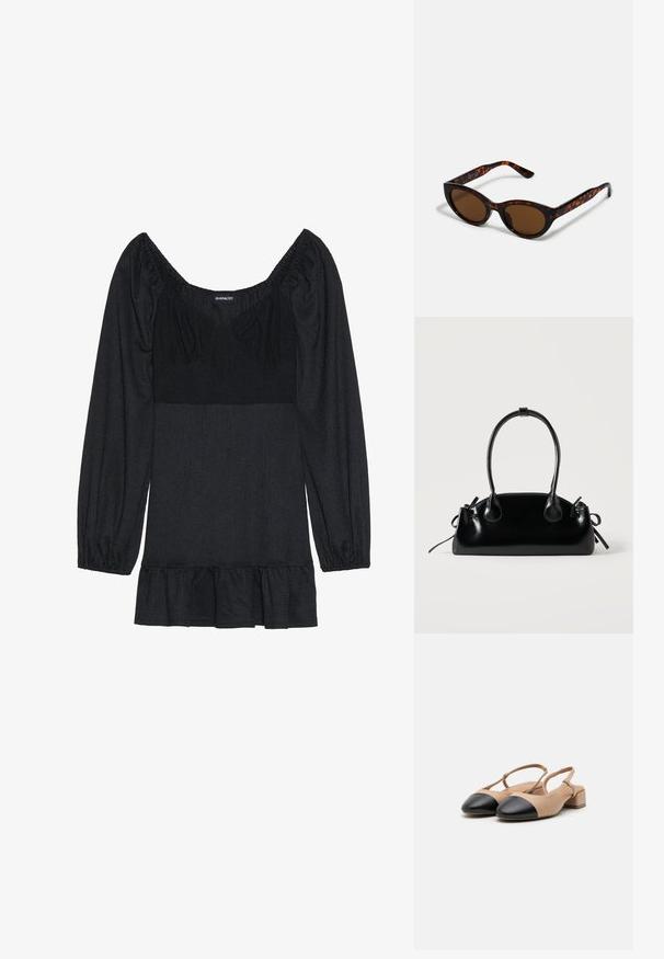 Top noir avec un décolleté carré et des manches bouffantes. Fabriqué en tissu texturé, avec un ourlet évasé. Design simple sans motifs ni accents.; Chaussures slingback en cuir beige avec un bout capuchon noir, un talon block et une sangle ajustable. Texture lisse et design minimaliste.; Lunettes de soleil en écaille de tortue marron avec une forme vintage de lunettes cat-eye et des verres marron. Présente des branches courbées avec des accents rouges.; Petit sac à main noir brillant avec deux longues anses et des détails à cordon sur les côtés sur un fond clair uni.