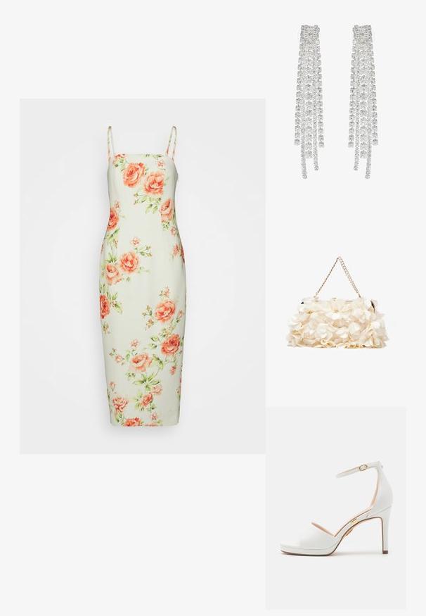 Forever New TIANA STRAPLESS MIDI - Cocktailjurk - multi-coloured; Witte sandaal met hoge hak, enkelriem en open teen, met een dunne gouden gesp en een slanke stilettohak.; Witte bloemenhandtas met een gatherend stoffen oppervlak, gouden kettingriem en metalen sluiting. Heeft textuur op de bloemblaadjes voor extra detail.; Lange zilveren oorbellen met een scala aan heldere, facetteerde kristallen in een waterval van strengen met variërende lengtes en vormen.