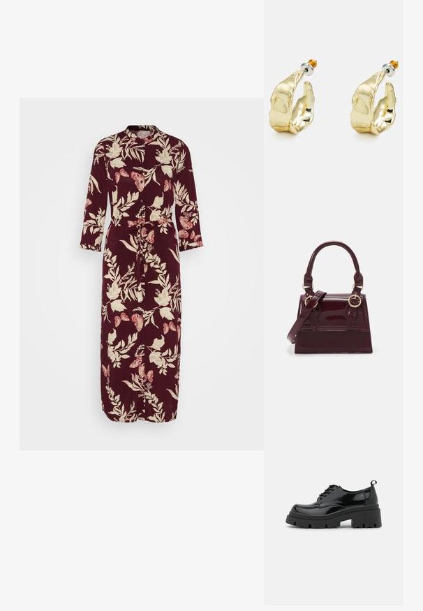 Vero Moda VMEASY Midi - Vestido camisero - winetasting; Zapatos de charol negros con una suela de plataforma gruesa y cordones gruesos. Punta redondeada, detalles mínimos y una pequeña lengüeta en la parte trasera.; Bolso de mano de charol burdeos con forma estructurada, doble asa y correa ajustable. Presenta herrajes en tono dorado y acentos de costura.; Pendientes en tono dorado con forma de manos abstractas, que presentan una superficie brillante, detalles intrincados y un poste de plata y oro para un ajuste seguro.