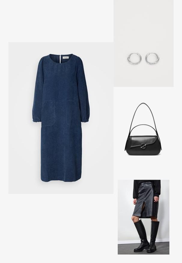 Marineblaue Cordkleid mit langen Puffärmeln, rundem Ausschnitt, zwei vorderen Taschen und einem Rückenschlitz. Weicher, strukturierter Stoff.; Schwarzer Leder-Bleistiftrock mit Frontschlitz, kombiniert mit kniehohen schwarzen Stiefeln mit Reißverschlüssen und einer derben Sohle für zusätzlichen Halt.; Schwarze Lederschultertasche mit einer geschwungenen Klappe, die durch einen runden Metallverschluss gesichert ist, und einem schlanken, verstellbaren Riemen.; Silberne Creolen mit glatter, polierter Oberfläche. Kreisform mit einem kleinen Verschlussdetail für den Schließmechanismus. Minimalistisches Design, leicht.