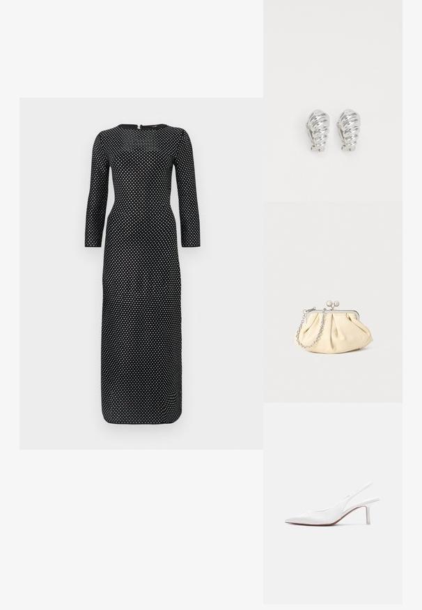 Robe longue noire à manches longues avec un col rond, ornée d'un motif à pois blancs sur l'ensemble et d'une fermeture éclair dissimulée dans le dos.; Chaussure pour femme en cuir blanc avec bride arrière, bout pointu, petit talon kitten bas et petit nœud décoratif sur le dessus, vue de profil latéral.; Pochette en cuir beige plissé avec un cadre en métal argenté, dotée de deux fermoirs ronds décoratifs et d'une chaîne en argent.; Boucles d'oreilles en clip argentées avec un design en spirale, présentant une texture métallique lisse et des formes arrondies. Pas d'embellissements ou de motifs visibles.
