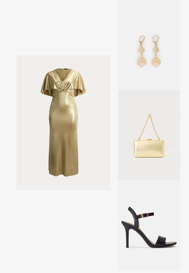 Vestido metálico dorado hasta el suelo con mangas cortas de vuelo, escote en V y detalle de nudo retorcido en el busto.; Sandalias de tacón alto negras con parte superior de cuero suave, punta abierta y diseño de tira única con un detalle de hebilla dorada.; Bolso de mano dorado rectangular con acabado brillante, cierre metálico y asa corta de cadena dorada sobre un fondo claro y liso.; Marchesa FILIGREE DROP - Pendientes - gold-coloured