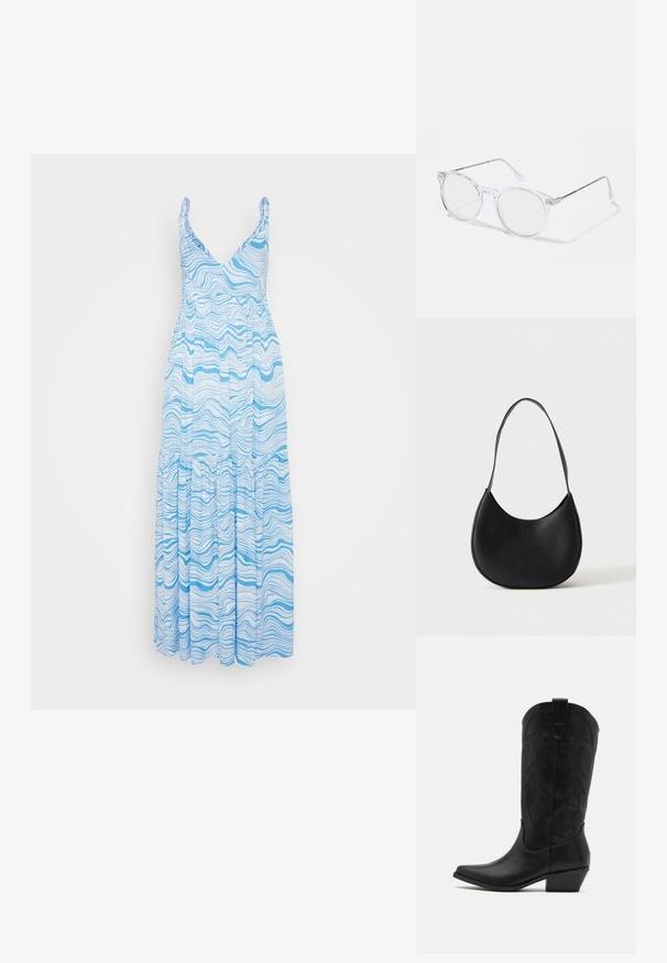 Twist & Tango JERILYN DRESS - Maksimekko - psychedelic blue; Musta nahkakengät cowboy-tyyliin, joissa on terävä kärki, matala pinottu korko ja monimutkainen kohokuvioitu lehtimäinen kuvio varressa. Ylhäällä on silmäkumi helppoa pukemista varten.; Kirkas pyöreäkehyslasit, joissa on läpinäkyvät muovilasin ja hopeiset metallivarret. Minimalistinen muotoilu hienovaraisilla yksityiskohdilla sarvessa.; Musta nahkainen, puolikuun muotoinen olkalaukku, jossa yksinkertainen hihna ja hienovaraisesti kohokuvioitu merkin nimi tasaisella vaalealla taustalla.