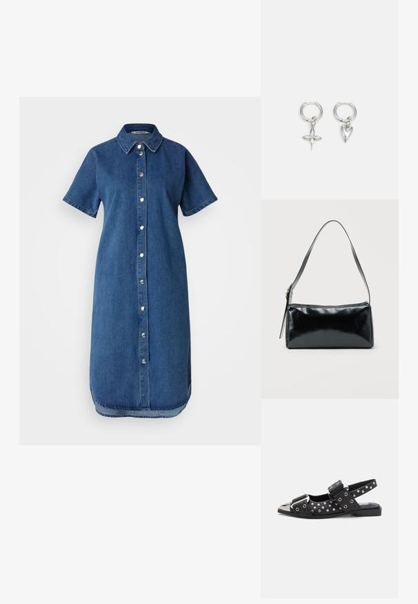 Robe chemise en denim, manches courtes, devant à boutons, col, couleur bleu clair, texture douce, longueur genou, et ourlet légèrement arrondi.; Chaussures slingback noires avec des accents cloutés, dotées d'un talon plat, d'un bout métallisé et de brides à boucle réglables. Détail de quincaillerie décoratif présent.; Sac d'épaule rectangulaire noir avec une sangle réglable unique et une fermeture éclair supérieure sur un fond uni.; Boucles d'oreilles en argent en forme de cerceau avec un charme croix et cœur. Texture lisse et brillante avec une finition polie. Chaque charmepend d'une boucle sécurisée.
