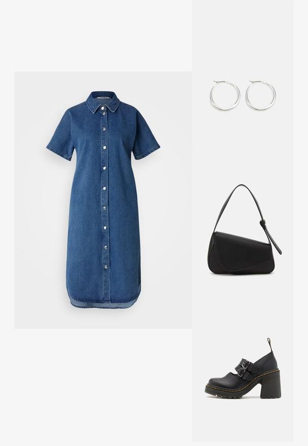 Robe chemise en denim, manches courtes, devant à boutons, col, couleur bleu clair, texture douce, longueur genou, et ourlet légèrement arrondi.; Chaussures à talons hauts noires avec une semelle texturée, dotées de deux boucles en argent, de surpiqûres jaunes et d'une boucle à l'arrière pour un enfilage facile.; Sac à main en cuir noir de forme triangulaire, avec un rabat incliné et une poignée supérieure arrondie. Il présente une texture lisse et des détails de design minimalistes.; Les boucles d'oreilles en argent en forme de créole présentent un design lisse et arrondi avec un profil fin et un fermoir sécurisé. Style minimaliste avec une finition polie.