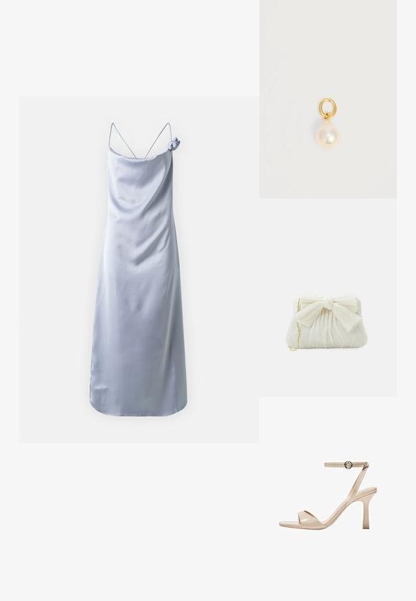 Lyseblå satin kjole med spaghetti-stropper, en V-udskæring og en dekorativ blomsterdetalje på skulderen. Glat tekstur og tætsiddende form.; Nude patentlæder højhælede sandaler med en tynd ankelrem og rund spænde, åben tå design og en slank stiletto hæl.; Hvid plisseret clutch-taske med en fremtrædende sløjfedetalje og en guldkædetras. Blød tekstur med et samlet design på forsiden.; Guld ørering charm med en enkelt dråbeformet hvid perle, der dingler mod en hvid baggrund.