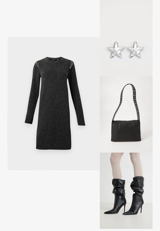 Robe en tricot à manches longues gris foncé avec un col rond et de petites perles embellissant les épaules, coupe droite à la longueur du genou.; Bottines en cuir noir avec un design décontracté, bout pointu et talon aiguille haut, avec une finition douce et texturée autour du col.; Sac à main en cuir noir de forme rectangulaire, doté d'une fermeture éclair et d'une bandoulière à pois. Texture lisse, détails de couture minimaux.; Boucles d'oreilles argentées en forme d'étoile, avec une surface lisse et brillante. Chaque boucle d'oreille possède cinq pointes et des détails subtils de texture de surface.