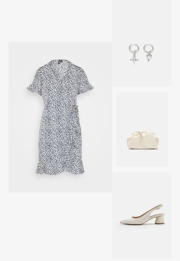 Vero Moda VMHENNA WRAP FRILL - Hverdagskjole - ombre blue; Hvide læder slingback pumps med spids tå, mellemhøj blokhæl og justerbar rem. Glat tekstur; minimalistisk design.; Blød, cremefarvet læder clutch taske med samlet, rynket design og en tynd skulderrem, der hviler foran på en ensfarvet baggrund.; Sølv hoop øreringe med et kors og hjerte charm. Glat, skinnende tekstur med en poleret finish. Hver charm hænger fra en sikker løkke.