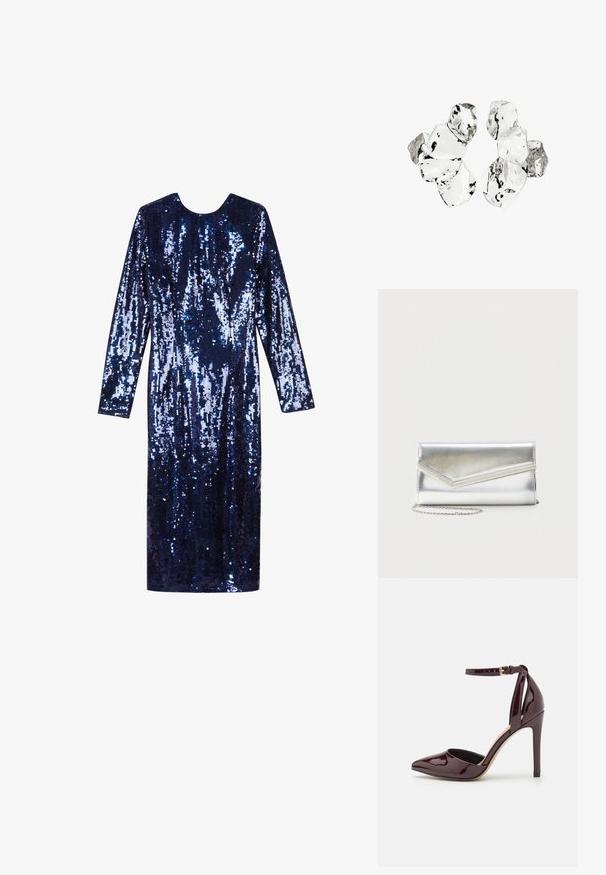 Anna Field Vestido de cóctel - dark blue; Zapato de charol burdeos de tacón alto con punta afilada, correa en el tobillo y un tacón de 10 cm tipo stiletto. Textura suave y detalles mínimos.; Bolso clutch plateado brillante con solapa de estilo sobre y adorno decorativo, pequeña correa de cadena plateada, sobre fondo liso claro.; Conjunto de seis piezas de forma irregular, translúcidas y reflectantes, similares al vidrio, dispuestas sobre un fondo blanco.