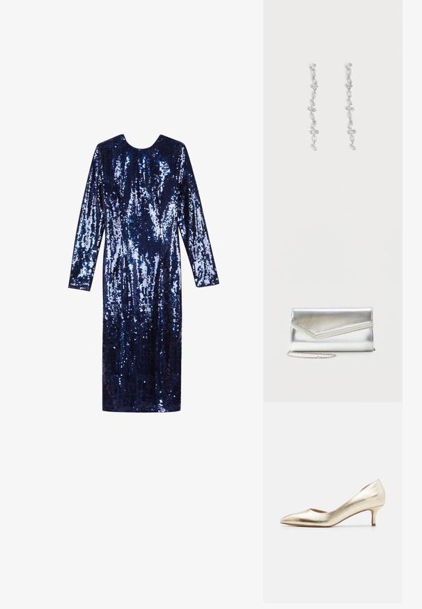 Anna Field by Zalando Cocktailjurk - dark blue; Metallische gouden hoge hakpomp met een spitse teen, slanke hak, een gladde textuur en minimale stikseldetails op de bovenkant.; Glanzende zilveren clutch met envelopvormige klep en decoratieve rand, klein zilveren kettingriempje, op een effen lichte achtergrond.; Lange hangende zilveren oorbellen met meerdere rechthoekige heldere kristallen verticaal aan elkaar verbonden op een lichtgrijze achtergrond.