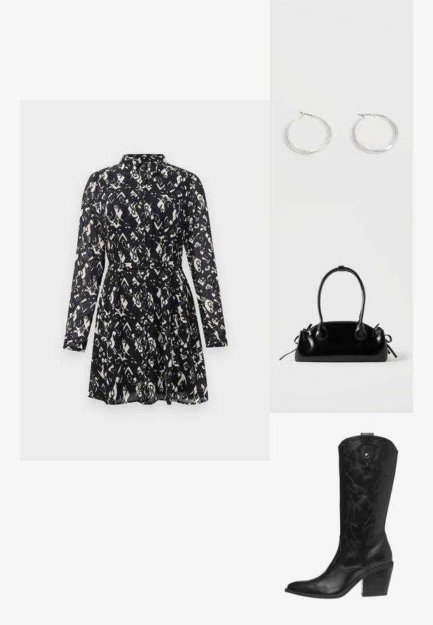 Robe chemise à manches longues noire et blanche à motifs, avec un col et une ceinture en tissu assortie à la taille, présentée sur un fond uni.; Bottine de cowboy en cuir noir avec un bout pointu, un talon haut et des coutures décoratives en motif d'éclairs le long de la tige.; Petit sac à main noir brillant avec deux longues anses et des détails à cordon sur les côtés sur un fond clair uni.; Boucles d’oreilles créoles en métal argenté avec une surface lisse légèrement incurvée et des fermoirs à clapet sur un fond blanc uni.