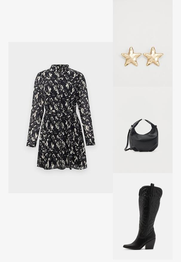 Robe chemise à manches longues noire et blanche à motifs, avec un col et une ceinture en tissu assortie à la taille, présentée sur un fond uni.; Bottes hautes en cuir noir jusqu'aux genoux avec bout pointu et talon empilé. Caractéristiques de coutures décoratives et éléments de design courbés.; Sac à main en cuir tressé noir avec poignée courte et bandoulière amovible, présenté sur un fond clair uni.; Boucles d'oreilles en forme d'étoile dorée avec une finition lisse et brillante et un design tridimensionnel, comportant cinq pointes et une texture légèrement incurvée.