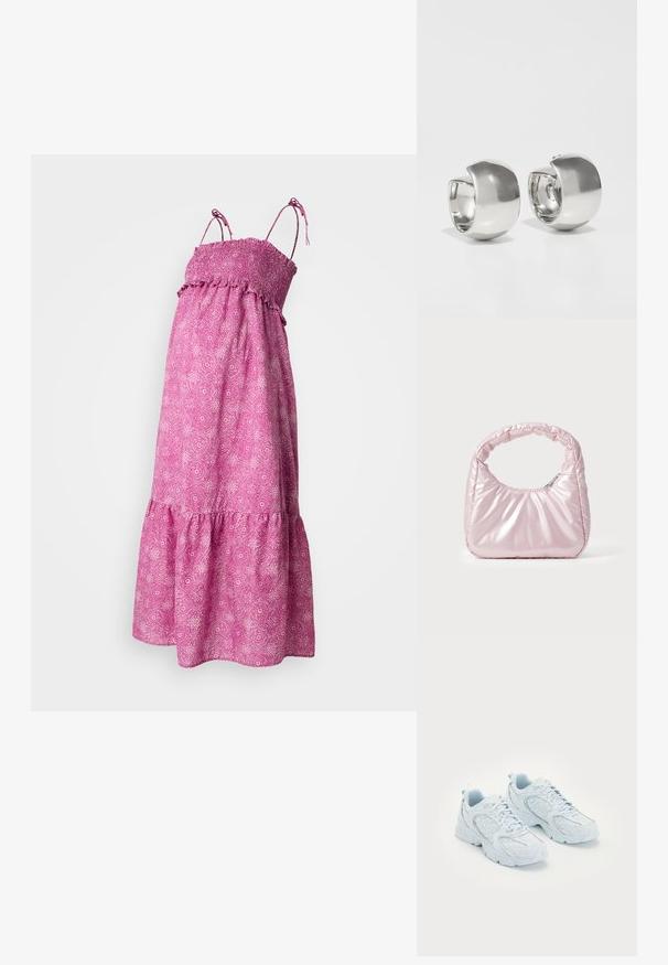 Vestido maxi rosa con cuerpo fruncido, tirantes ajustables y un fondo acampanado y escalonado con un patrón floral. Tejido ligero.; Zapatillas deportivas de color azul claro con una parte superior de malla y sintético, que presentan manchas blancas y detalles reflectantes, diseño con cordones y suelas acolchadas.; Bolso de mano acolchado en color rosa con un diseño redondeado, fabricado en material brillante. Presenta un asa fruncida y un cierre de cremallera para un acceso seguro.; Uncommon Matters SCULPTURAL LARGE CREOLE - Pendientes - silver-coloured