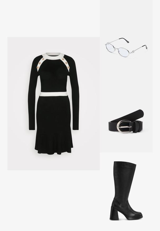 Robe noire en tricot côtelé avec des manches longues, un col blanc et une ceinture, ainsi que des accents de boutons dorés sur les épaules. Bas floncé.; Bottes noires jusqu'au genou en cuir lisse, avec un talon épais et un bout rond. Le design est épuré avec un minimum de matériel.; Lunettes ovales en métal argenté avec verres transparents, présentant des accentuations décoratives sur les côtés et des embouts noirs sur les branches pour plus d'adhérence et de confort.; Ceinture en cuir noir avec une texture lisse, dotée d'une boucle en métal argenté et de simples accents en boucle. Son design est épuré et minimaliste.