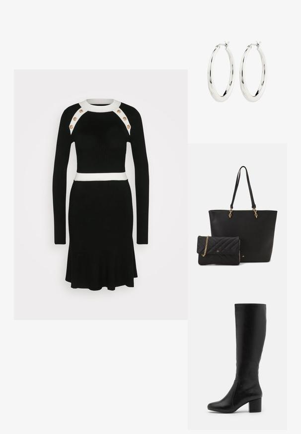 Schwarzes geripptes Strickkleid mit langen Ärmeln, weißem Kragen und Taillengürtel sowie goldenen Knopfakzenten an den Schultern. Ausgestellter Saum.; Knielange schwarze Lederstiefel mit glatter Textur, abgerundeter Zehenpartie, Seitenpaneel und einem massiven Blockabsatz.; Schwarze Taschen aus Kunstleder mit zwei stabilen Griffen und goldfarbener Hardware, kombiniert mit einer kleinen gepolsterten schwarzen Clutch mit einer Kettenriemen.; Silberne Creolen mit einer glatten, glänzenden Oberfläche. Kreisform, ausgestattet mit einem sicheren Verschluss. Einfaches und elegantes Design.