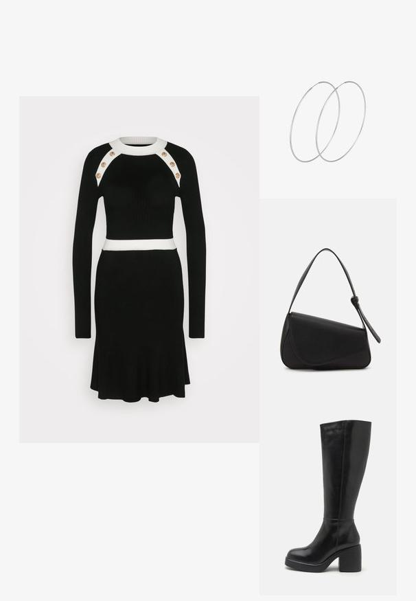 Sort ribbet strikkjole med lange ærmer, hvid krave og talje bånd samt guldknapdetaljer på skuldrene. Udflydende søm design.; Zign by Zalando LEATHER - Højhælede støvler - black; Sort læderhåndtaske med en triangular form, skrå klap og et rundt håndtag. Har en glat overflade og minimalistiske design detaljer.; Sølvøreringe med et minimalistisk design. Cirkulær form, glat tekstur og tynd profil. Letvægtige med en poleret overflade.