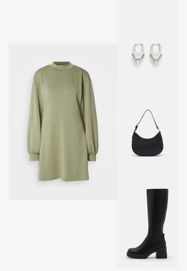 Scotch & Soda DRESS - Jerseyjurk - oil green; Even&Odd Plateaulaarzen - black; Zwarte hobo tas van soepel leer met een gebogen silhouet, voorzien van een enkele verstelbare schouderriem en minimalistische ontwerpdetails.; Zilveren hartvormige hangsloten met gegraveerde teksten "JA" en "NEE", gepolijst oppervlak, symmetrisch ontwerp en een robuuste metalen sluiting.