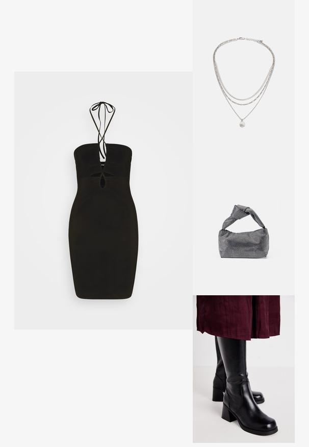 Even&Odd by Zalando Jerseykjole - black; Sorte knæhøje støvler med en glat læderfinish, rektangulære blokhæle og sidesyning, sat sammen med en vinrød nederdel.; Sorte og sølv håndtaske med en tekstureret overflade, der har et diamantmønster, en knyttet håndtag og en struktureret form.; Sølvbelagt halskæde med flere kædetyper, herunder en glat kæde og en perlekæde, med en lille rund vedhæng.