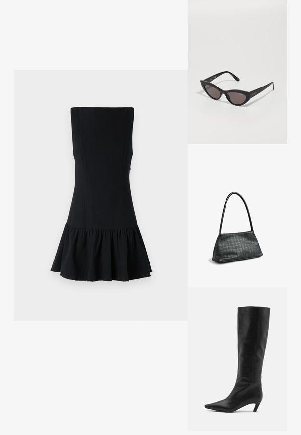 Sort, ærmeløs kjole med en tætsiddende bodice og en flagrende, volanglig kant. Lavet af tekstureret stof med en glat overflade og uden synlig hardware.; RAID FLAURA - Høje støvler/ Støvler - black; Cat-eye solbriller med en mat sort ramme og mørke linser, der har "vogue" branding på siden og en karakteristisk vinklet form.; Sort læderhåndtaske med en lang rem og flettet firkantet mønster, vist vinklet på en hvid baggrund.
