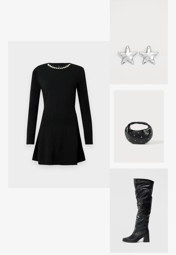 Robe noire à manches longues ajustée avec un léger évasement à l'ourlet et des embellissements floraux blancs décoratifs autour de l'encolure.; Bottes noires montantes en cuir brillant avec un design froncé, bout pointu et talon block chunky. Texture lisse avec un léger éclat.; Sac à main en cuir noir de forme arrondie, décoré de clous argentés et équipé d'une poignée courte. Texture lisse et fermeture éclair.; Boucles d'oreilles argentées en forme d'étoile, avec une surface lisse et brillante. Chaque boucle d'oreille possède cinq pointes et des détails subtils de texture de surface.