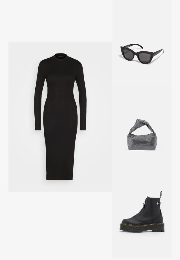 Even&Odd by Zalando Etuikleid - black; Schwarze Knöchelboots aus glattem Leder, ausgestattet mit einem seitlichen Reißverschluss, gelben Nähten und einer dicken, geriffelten Gummisohle.; Schwarze Cat-Eye-Sonnenbrille mit matter Oberfläche, grauen getönten Gläsern, scharfen Kanten und schlanken Bügeln. Der Markenname ist auf dem inneren Bügel sichtbar.; Schwarz-silberne Handtasche mit einer strukturierten Oberfläche, die ein Diamantmuster aufweist, einem geknoteten Griff und einer strukturierten Form.