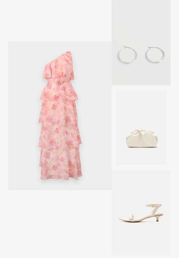 Robe rose à une épaule à volants, à motifs floraux, avec un corsage froncé et un accent de fleur à la taille, sur un fond uni.; Sandale beige à talon bas avec une bride unique pour les orteils et une bride de cheville ajustable ornée d'une petite boucle en or, sur fond blanc.; Pochette en cuir souple couleur crème avec un design froncé et une fine bandoulière reposant à l’avant sur un fond uni.; Boucles d’oreilles créoles en métal argenté avec une surface lisse légèrement incurvée et des fermoirs à clapet sur un fond blanc uni.