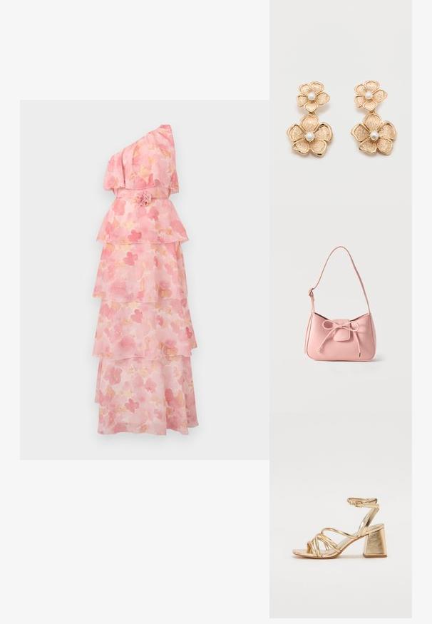 Enskuldet pink blomsterlaget kjole med flæset overdel og en blomst detalje ved taljen mod en ensfarvet baggrund.; Guldfarvede hæle-sandaler med en strappy design, firkantet blokhæl og justerbar ankelrem med spænde. Glat tekstur.; Lille skuldertaske i pastel lyserød med justerbar strop og frontsløjfe med guldspidsdetaljer på ensfarvet baggrund.; Øreringe i guldfarve formet som to forbundne blomster med strukturerede kronblade og en perle i midten af hver blomst.