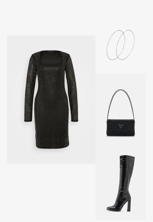 Robe noire à manches longues et décolleté carré, ornée de clous métalliques en motif quadrillé sur un tissu texturé.; RAID JOCELYN - Bottes - black; Sac à main noir perlé avec une surface texturée, doté d'une bandoulière en chaîne et d'une plaque logo triangulaire à l'avant. Forme rectangulaire compacte.; Boucles d'oreilles en argent au design minimaliste. Forme circulaire, texture lisse et profil fin. Légères avec une finition polie.