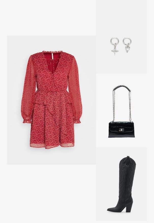 Pepe Jeans ZULIA - Hverdagskjole - red; Zign by Zalando LEATHER - Cowboy- / bikerstøvler - black; Sort håndtaske i krokodilletekstureret læder med sølvfarvet drejelås og lang sølvkæde med læder skulderpude.; Sølv hoop øreringe med et kors og hjerte charm. Glat, skinnende tekstur med en poleret finish. Hver charm hænger fra en sikker løkke.