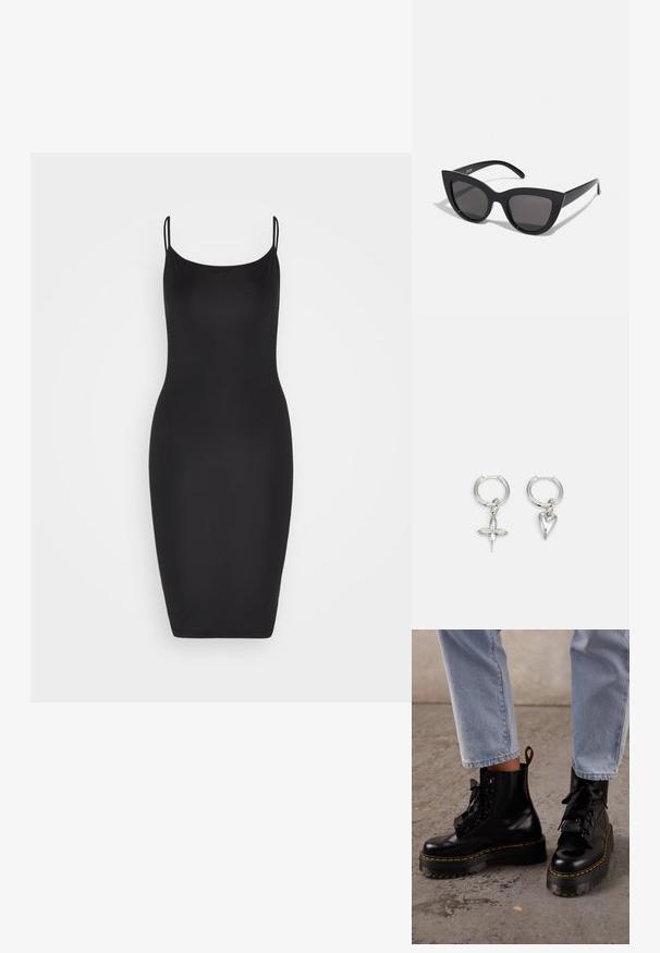 Weekday STRAP KNEE DRESS - Φόρεμα σε ίσια γραμμή - black; Άτομο που φοράει ανοιχτό μπλε τζιν και μαύρα δερμάτινα πλατφόρμα μποτάκια με κίτρινα ραφές σε τσιμεντένιο πάτωμα.; Μαύρα γυαλιά ηλίου με σχήμα γατίσιας ματιού και ματ φινίρισμα, με γκρι φακούς και αιχμηρές γωνίες, καθώς και κομψά μπράτσα. Το όνομα της μάρκας είναι ορατό στο εσωτερικό του μπράτσου.; Ασημένες κρίκοι σκουλαρίκια που περιλαμβάνουν ένα charm σε σχήμα σταυρού και καρδιάς. Λείο, γυαλιστερό υφή με γυαλισμένη φινίρισμα. Κάθε charm κρέμεται από έναν ασφαλή βρόχο.