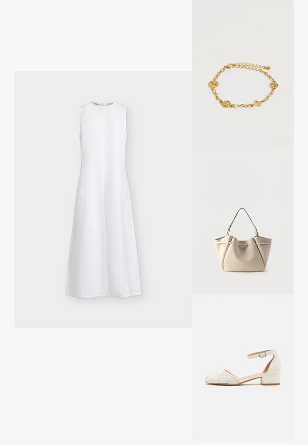Robe longue blanche sans manches avec un col rond haut et une légère évasement à l'ourlet, présentée sur un fond clair uni.; Chaussure blanche à bride de cheville en dentelle avec un petit talon carré et un design à bout pointu. Doublure intérieure lisse, dessus en dentelle texturé et détail de boucle.; Sac cabas en cuir beige avec deux bretelles et un petit fermoir doré à l'avant, présenté sur un fond blanc uni.; Bracelet chaîne en or avec quatre breloques décoratives comportant des motifs découpés floraux et croix, fermoir ajustable, sur un fond blanc uni.