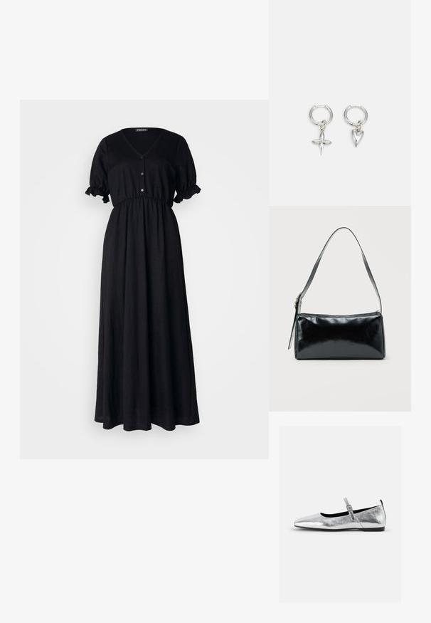 Schwarzes Maxikleid aus leichtem Stoff mit V-Ausschnitt, kurzen Rüschensleeves und einem gerafften Saum mit Knopfverzierungen.; Silberne metallic Ballerinas mit spitzem Zeh, Riemchen mit verstellbarem Schnallenverschluss, strukturiertem Obermaterial und minimalistischem schwarzen Schuhsohle.; Schwarze rechteckige Schultertasche mit einem verstellbaren Riemen und einem oberen Reißverschluss vor einfachem Hintergrund.; Silberne Creolen mit einem Kreuz- und Herz-Anhänger. Glatte, glänzende Textur mit polierter Oberfläche. Jeder Anhänger hängt an einem sicheren Ring.