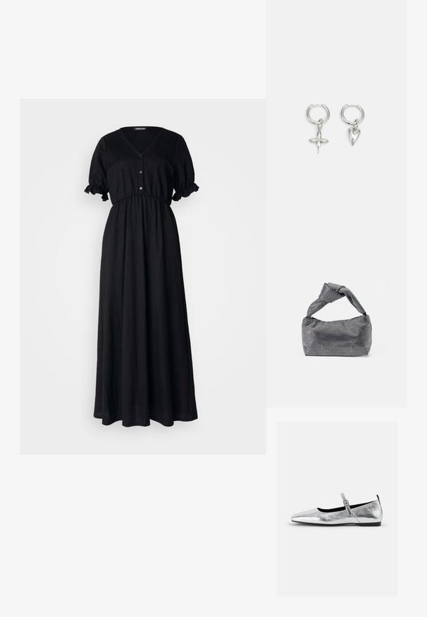 Schwarzes Maxikleid aus leichtem Stoff mit V-Ausschnitt, kurzen Rüschensleeves und einem gerafften Saum mit Knopfverzierungen.; Silberne metallic Ballerinas mit spitzem Zeh, Riemchen mit verstellbarem Schnallenverschluss, strukturiertem Obermaterial und minimalistischem schwarzen Schuhsohle.; Schwarz-silberne Handtasche mit einer strukturierten Oberfläche, die ein Diamantmuster aufweist, einem geknoteten Griff und einer strukturierten Form.; Silberne Creolen mit einem Kreuz- und Herz-Anhänger. Glatte, glänzende Textur mit polierter Oberfläche. Jeder Anhänger hängt an einem sicheren Ring.