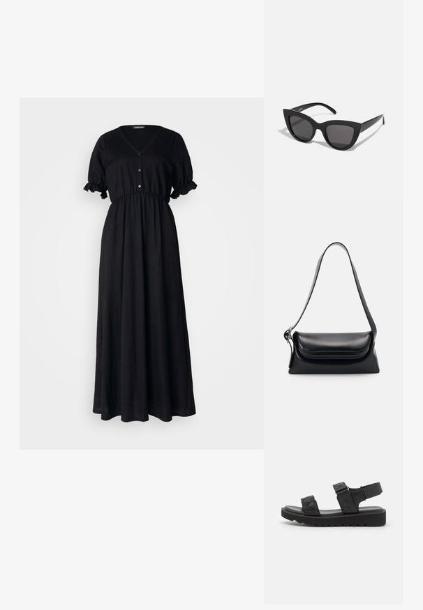 Zwarte maxi-jurk van een lichtgewicht stof met een V-halslijn, korte gerimpelde mouwen en een gathered taille met knoopdetails.; Zwarte platform sandalen met geblokte banden, open teen en verstelbare enkelband. Getextureerde rubberen zool met zigzagpatroon voor grip.; Zwarte cat-eye zonnebril met een matte afwerking, voorzien van grijs getinte glazen, scherpe hoeken en slanke zijarmen. Merkennaam zichtbaar op de binnenarm.; Zwarte leren handtas met een gestructureerde vorm, een gladde textuur en een enkele schouderband. Heeft een subtiele, afgeronde klepontwerp.