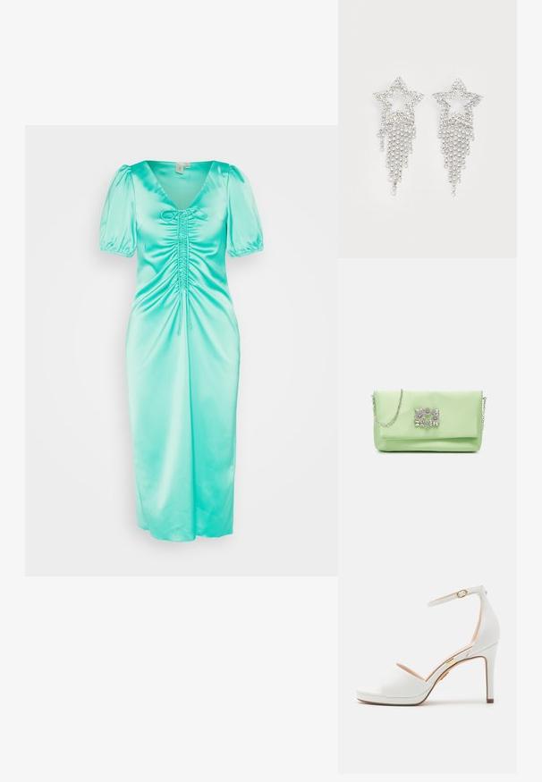YAS ZURA DRAWSTRING DRESS - Cocktail φόρεμα / Φόρεμα για πάρτι - green; Λευκό σανδάλι με ψηλό τακούνι, λουρί στον αστράγαλο και ανοιχτό δάκτυλο, με λεπτή χρυσή αγκράφα και λεπτή στιλέτο φτέρνα.; Mascara Τσαντάκι - apple; Σκουλαρίκια αστεριών με κρεμαστές λεπτομέρειες από ρινοστόν, σε ασημένια απόχρωση και με γυαλιστερή, ανακλαστική επιφάνεια. Σχήμα αστεριού με περίπλοκο σχέδιο.