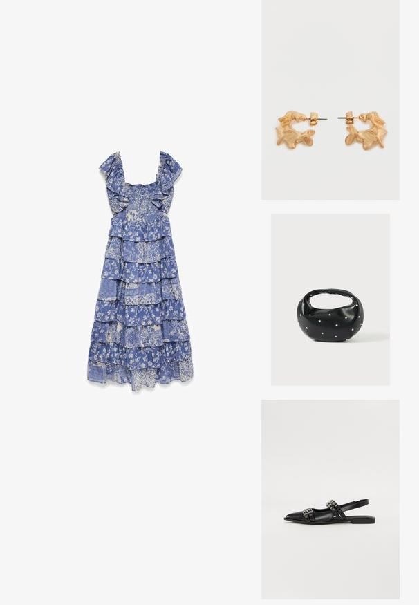 Blauwe gelaagde jurk met bloemen- en paisleypatronen, geruite mouwen en een gerimpeld lijfje.; Even&Odd by Zalando Slingback ballerina´s - black; Zwarte leren handtas met een afgeronde vorm, versierd met zilveren studs, en een korte handgreep. Gladde textuur en ritsluiting.; Oorbellen in goudkleur met een abstracte, organische vorm, voorzien van een gestructureerd oppervlak en een sluiting met oorstekers.