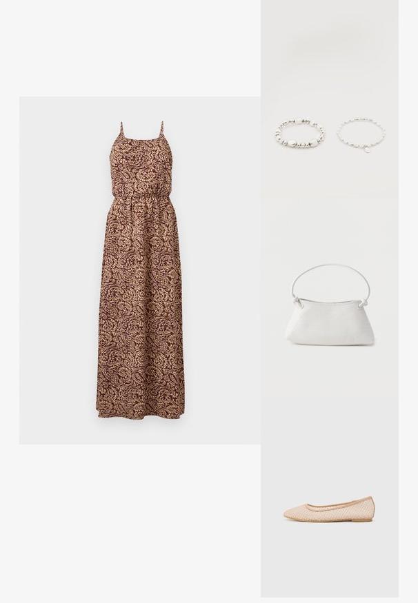 Ærmeløs lang kjole med tynde stropper, elastisk talje og brun og beige blomster-paisley mønster på let stof.; Balletflade med spids tå, lavet af vævet beige materiale, med en fleksibel sål og en glat kant.; Hvid fletlæderhåndtaske med afrundet håndtag og ender på remmen, der er knyttet, vist mod en ensfarvet baggrund.; To sølvarmbånd med perler mod en hvid baggrund; det ene med ujævne perler og det andet med ensartede perler og et lille dråbeformet vedhæng.