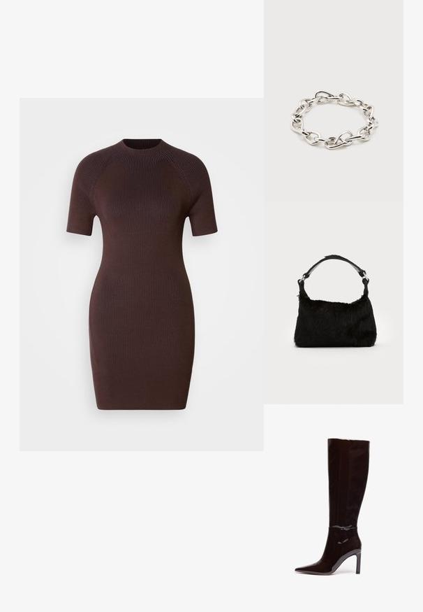 Robe courte à manches courtes en maille côtelée marron foncé avec col rond, silhouette ajustée et ourlet à hauteur des genoux sur un fond clair uni.; Bottes noires en cuir patent à hauteur de genou avec un bout pointu et un talon aiguille, présentant une texture lisse et brillante ainsi qu'un design épuré.; Sac à main en fausse fourrure noire avec une texture douce, une forme arrondie et une bandoulière en cuir noir robuste. Accent en métal argenté visible.; Bracelet à maillons épais argentés avec des maillons ovales irréguliers disposés en cercle sur un fond blanc uni.